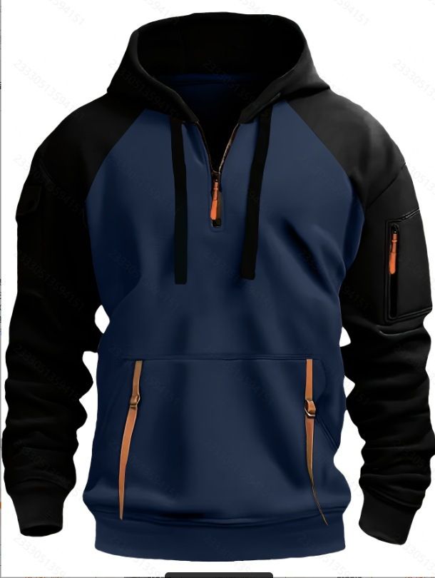 Men's Color-Block Zip-Up Hoodie - Oversized Casual Pullover With Contrast Sleeves & Pocket Details_viptrois.com