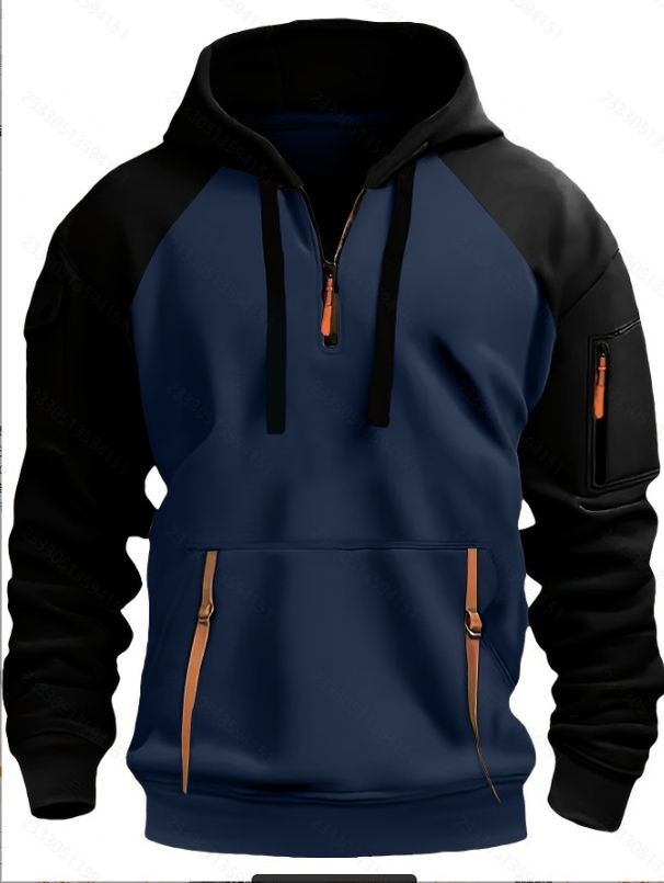 Men's Color-Block Zip-Up Hoodie - Oversized Casual Pullover With Contrast Sleeves & Pocket Details_viptrois.com