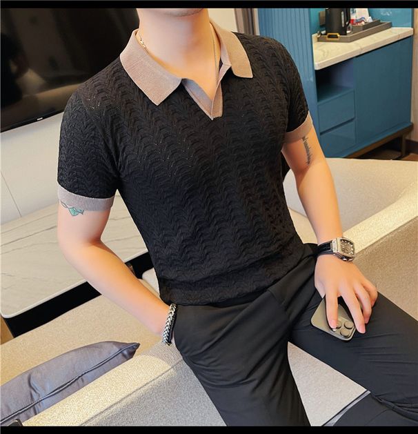 Men's Thin Stretchy Short Sleeved Collared Hollow out Knit Ice Silk Polo Shirt Fashionable E Commerce Item_viptrois.com