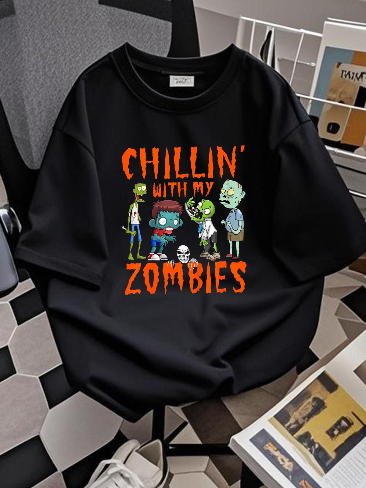 Chillin With My Zombies Halloween Funny Zombie Boys T-Shirt Unisex Comfortable Women Top Graphic Tees Women Stretched Graphic T-Shirt For Women Casual Top For Everyday Wear Soft Stylish Versatile Print Round Neck Short Sleeve Slightly Fashion Female_viptrois.com