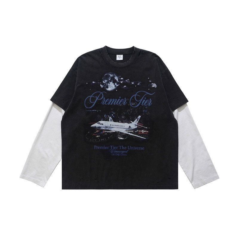 American-style Washed Faux Two-piece Printed Distressed 300g T-shirt For Men, Loose Casual Long-sleeve Street_viptrois.com