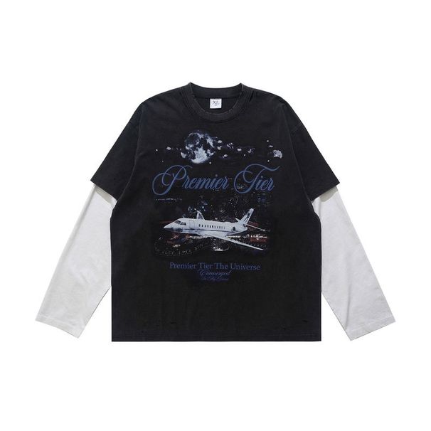 American-style Washed Faux Two-piece Printed Distressed 300g T-shirt For Men, Loose Casual Long-sleeve Street_viptrois.com