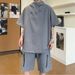Summer Hooded Bubble Gauze Sun Protection For Men New Workwear Short Sleeve Loose T-Shirt Casual Sports Set_viptrois.com