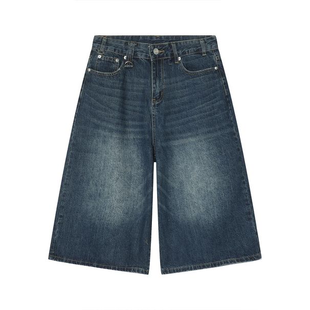 Men's Clothing Niche All Match Men's And Women's Denim Shorts Summer Loose Straight Wide Leg Retro Distressed Blue Cropped Trousers_viptrois.com