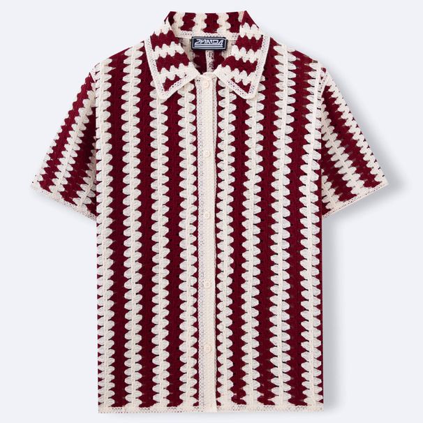 Men's Clothing Retro Striped Sweater Hand Crocheted Short Sleeved Summer Hollow Outerwear Polo Shirt_viptrois.com
