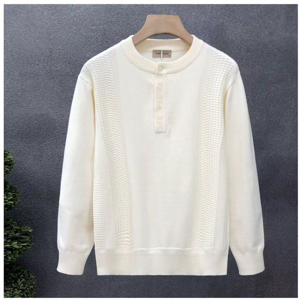 Men's Clothing Henry Collar Long Sleeve Sweater Pullover Striped Men's Round Neck Solid Color Versatile Bottoming Shirt Solid Color Knitted Sweater_viptrois.com