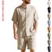 Men's Clothing Summer Shirt Loose Fit Linen Material Henry Collar Beach Short Sleeved Shorts Suit Casual Style_viptrois.com