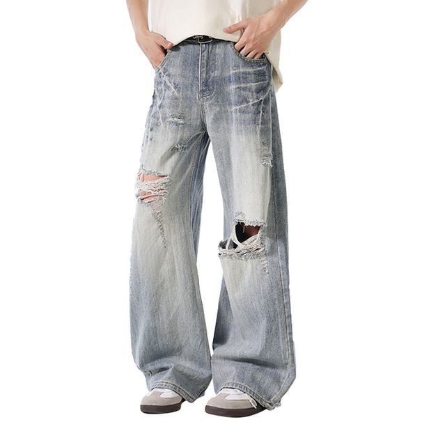 Men's Clothing Lightning Pattern Ripped Spring And Summer Design Straight Wide Leg Pants Jeans For Men_viptrois.com