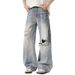 Men's Clothing Lightning Pattern Ripped Spring And Summer Design Straight Wide Leg Pants Jeans For Men_viptrois.com