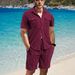 Men's Clothing Waffle Solid Color Pocket Shirt Short Sleeved Shorts Two Piece Suit_viptrois.com