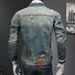Men's Clothing Men's Distressed Denim Jacket – Vintage Loose Fit Casual Coat With Turn-Down Collar, Light Blue, Spring & Fall Fashion_viptrois.com