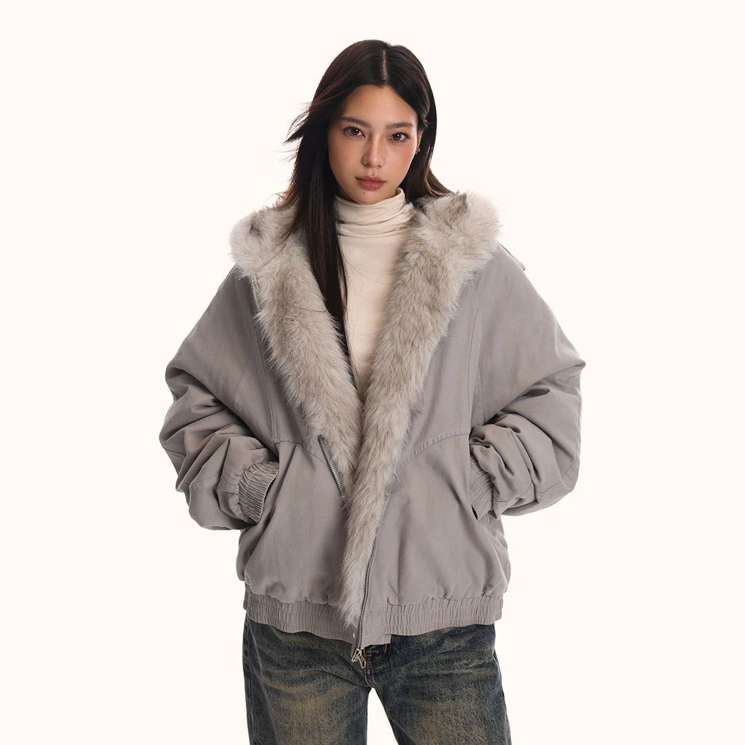 "Men's Winter Hooded Puffer Jacket With Faux Fur Trim – Thickened Polyester Coat In Black/Grey (Streetwear Style, Loose Fit)"_viptrois.com
