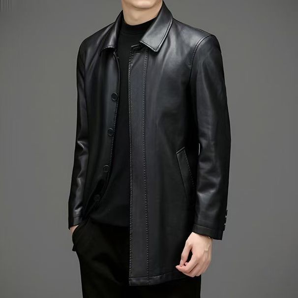 Autumn And Winter Leather Jacket Men's Medium And Long Trench Coat Dad Leather Jacket Plus Size Business Gentleman Autumn And Winter_viptrois.com