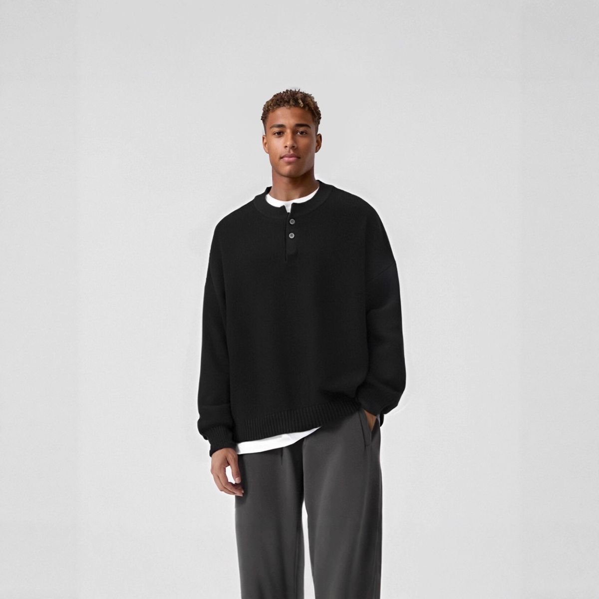 Pure FBUF Solid Color Henley Neck Sweater For Men, Machine Washable, Casual Loose Knit Sweater, Unisex Style, Inner Layer_viptrois.com