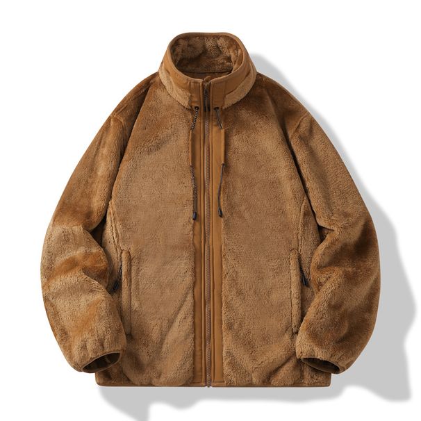400g Sherpa-Lined Fleece Jacket – Winter-Ready Zip-Up Coat, Korean Oversized Fit, Windproof Stand Collar (M-XXXXL, Black/Army Green/Caramel)_viptrois.com