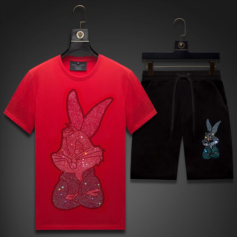 Men's Clothing New Year's Rabbit Hot Diamond Suit Men's T Shirt Short Sleeve Mercerized Cotton Round Neck Shorts_viptrois.com