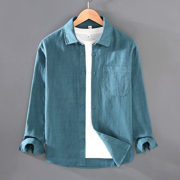 Ramie Solid Color Long Sleeved Shirt Men's Autumn New Item Retro Simple Cotton Linen Trendy Casual Shirt Jacket_viptrois.com