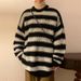 New autumn and winter retro light mature style loose round neck retro striped knitted sweater_viptrois.com