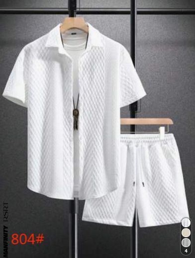 Men's Clothing Color Knitted Jacquard Casual Short Sleeved Shirt Shorts Suit_viptrois.com