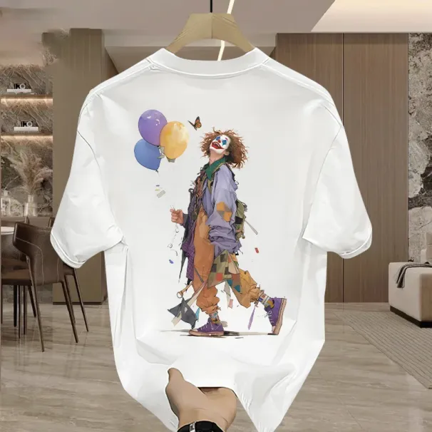 Klassisches T-Shirt Mit Clown-Print Für Herren, 100 % Reine Baumwolle, Atmungsaktiv, Locker, Lässige Straßenmode, Oberteil Mit Rundhalsausschnitt_viptrois.com