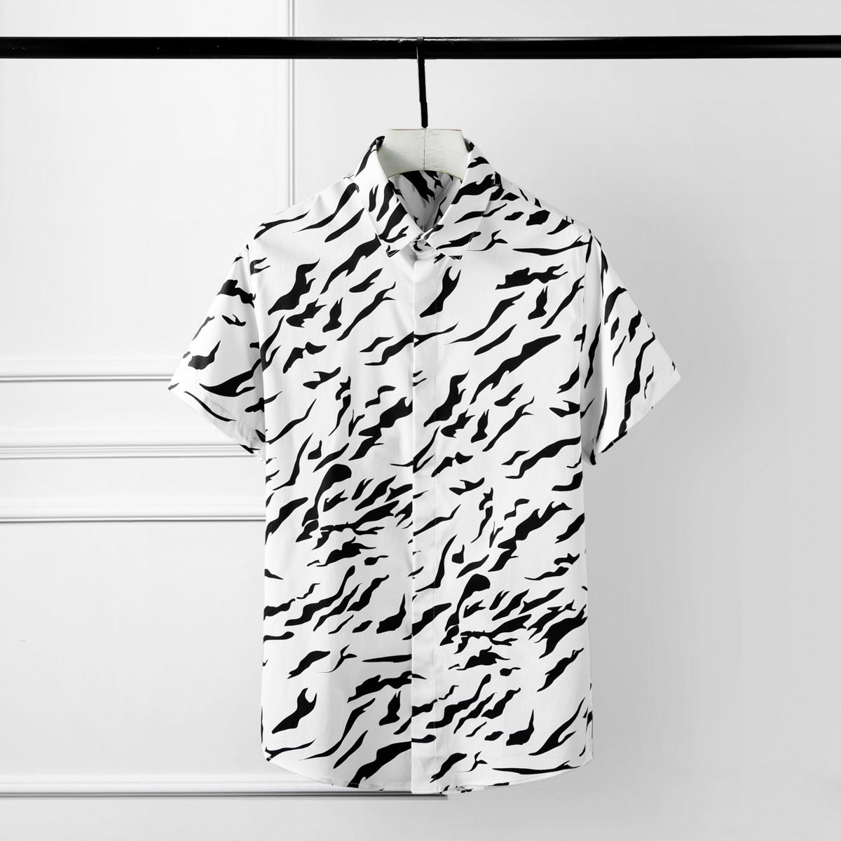 Men's Short Sleeve Cotton Shirt With Wave Digital Print - Slim Fit, Breathable & Stylish For Summer (Sizes 38-42, White/Black)_viptrois.com