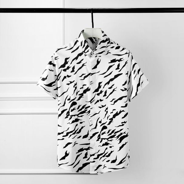 Men's Short Sleeve Cotton Shirt With Wave Digital Print - Slim Fit, Breathable & Stylish For Summer (Sizes 38-42, White/Black)_viptrois.com