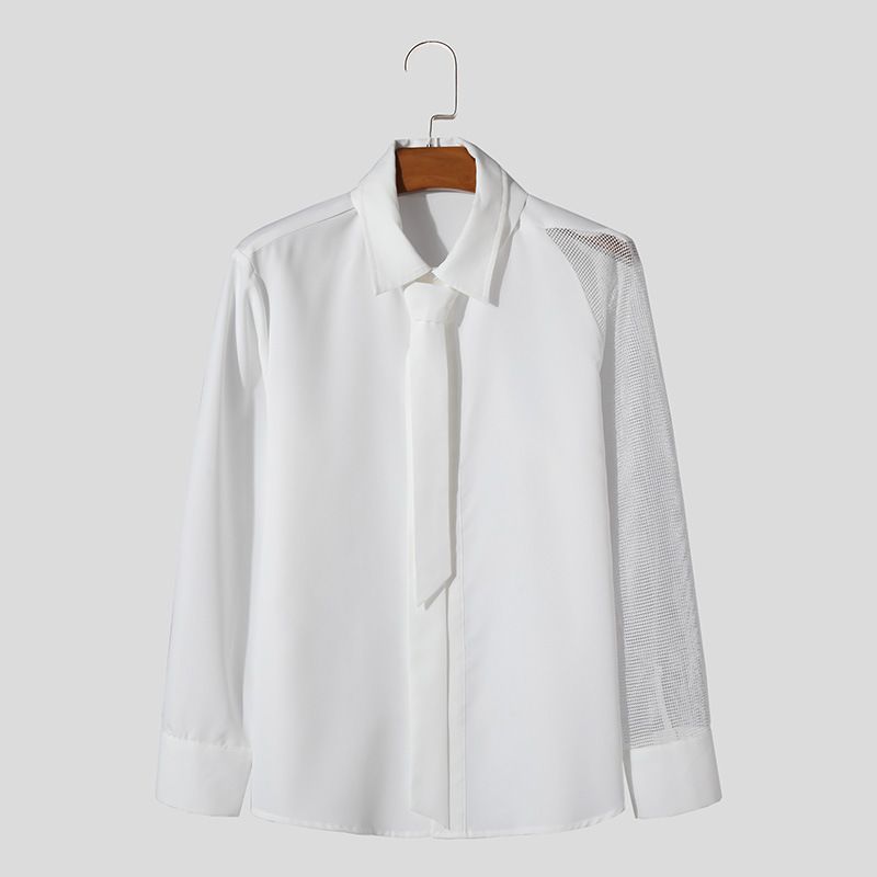 Men's Clothing Men's High End Banquet Gentleman Shirt Solid Color Long Sleeved Performance Clothes Mesh Splicing Shirt_viptrois.com