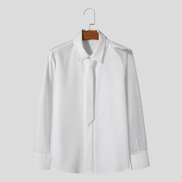 Men's Clothing Men's High End Banquet Gentleman Shirt Solid Color Long Sleeved Performance Clothes Mesh Splicing Shirt_viptrois.com