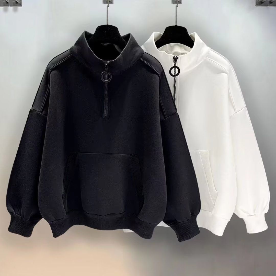 Unisex High-Neck Zip-Up Sweatshirt – Minimalist Oversized Pullover With Kangaroo Pocket (Black & White)_viptrois.com
