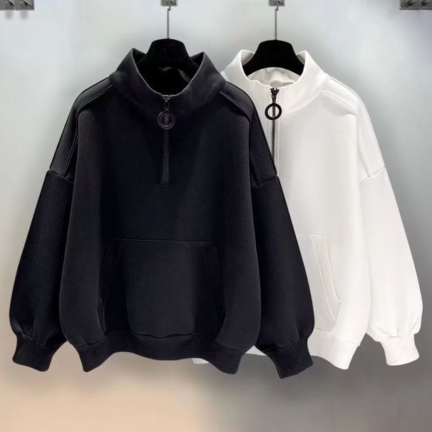 Unisex High-Neck Zip-Up Sweatshirt – Minimalist Oversized Pullover With Kangaroo Pocket (Black & White)_viptrois.com
