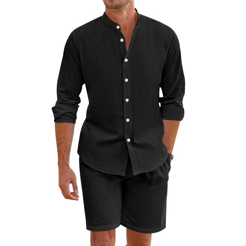 Men's Clothing Men's Spring And Summer Suits Linen Button Shirt Long Sleeved Shorts Cardigan Simple Casual Beach Suit_viptrois.com
