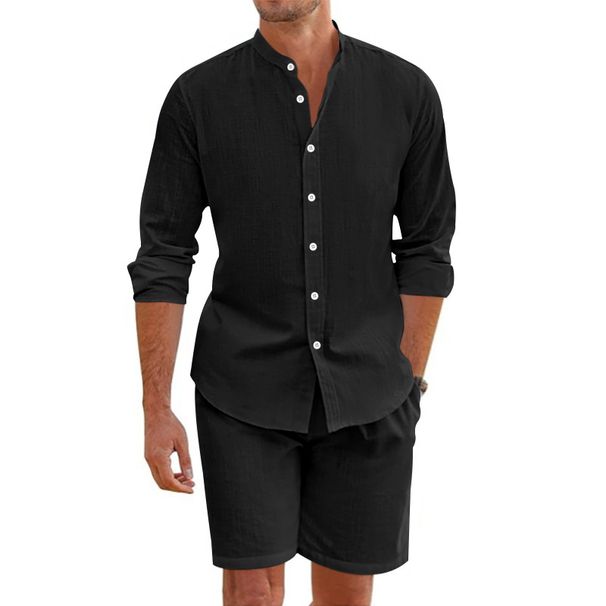 Men's Clothing Men's Spring And Summer Suits Linen Button Shirt Long Sleeved Shorts Cardigan Simple Casual Beach Suit_viptrois.com