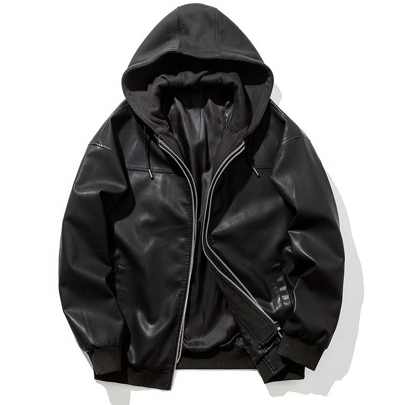 Men's Clothing Autumn And Winter New Hooded Leather Jacket Men's Trendy Youth Motorcycle Men's Jacket Korean Style Loose Hooded Men's Leather Jacket_viptrois.com