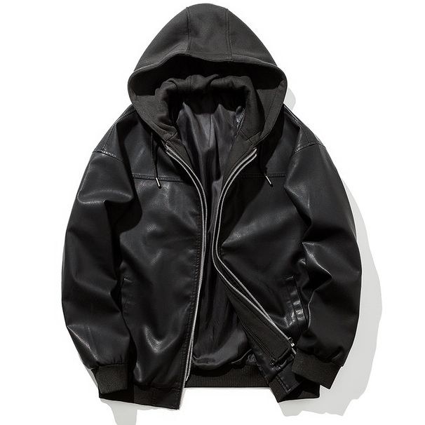 Men's Clothing Autumn And Winter New Hooded Leather Jacket Men's Trendy Youth Motorcycle Men's Jacket Korean Style Loose Hooded Men's Leather Jacket_viptrois.com