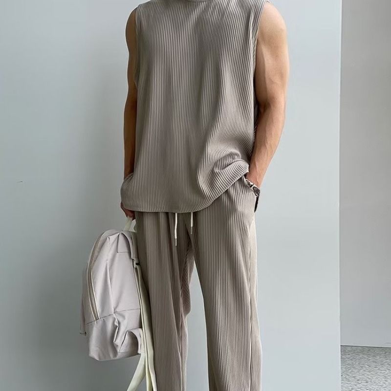 Men's Fitness Sleeveless Sports Summer Vest Mature Men High Elastic Quick-Dry Loose Breathable Two-Piece Set_viptrois.com