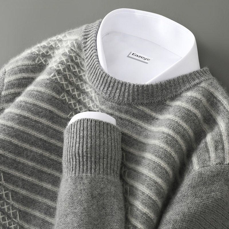 Nordmann Men's Wool Round Neck Color Block Jacquard Thickened Sweater Versatile Fashion Cashmere Knitted Base Shirt Top_viptrois.com