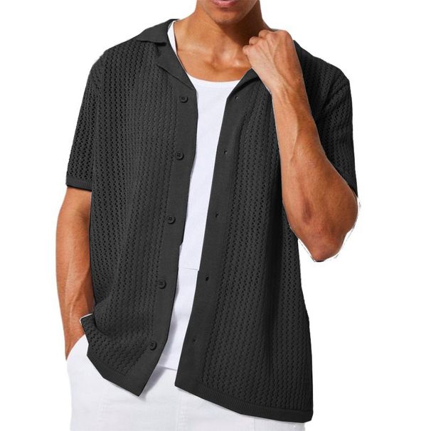 Men's Clothing Casual Knitted Shirt Summer New Style Solid Color Lapel Hollow Breathable Short Sleeved Top_viptrois.com