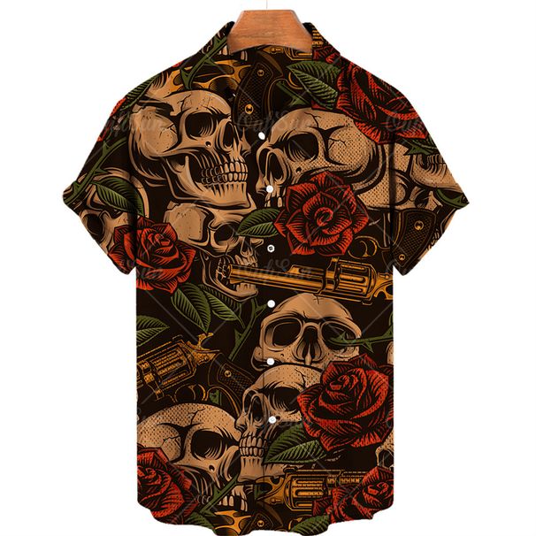 Men’s Clothing Men's Short Sleeve Shirt Hawaii Beach Vacation Card Skull Thin Print Casual Lapel Shirt_viptrois.com