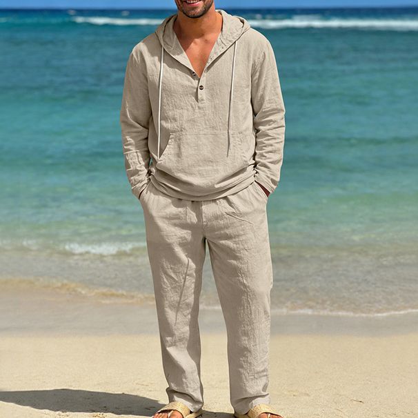 Men's Linen Hawaiian Style Hooded Henley Shirt & Lounge Pants Set | Breathable Resort Wear For Spring Summer Fall_viptrois.com