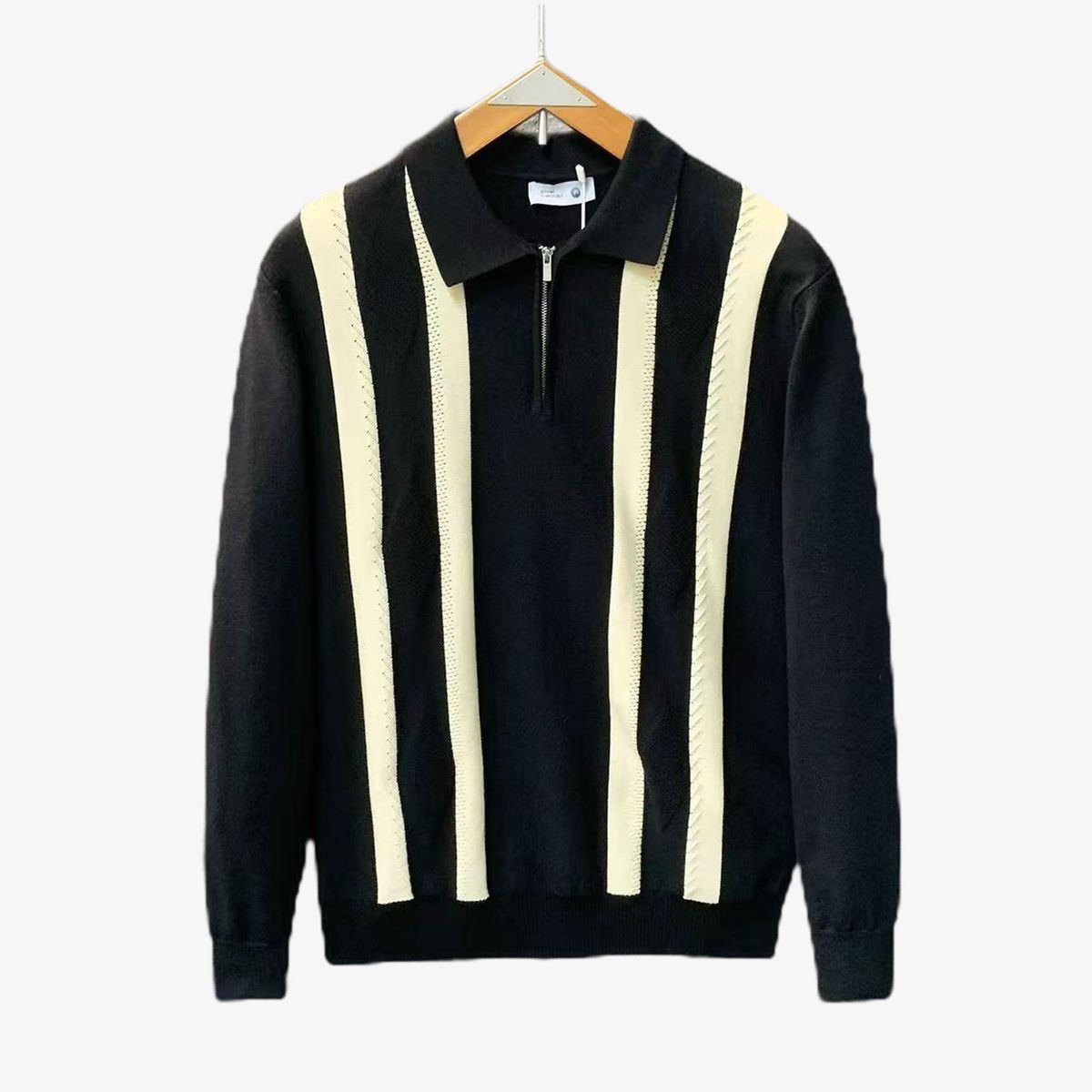 Men’S Oversized Polo Knit Sweater – Half-Zip Textured Pullover, Breathable & Stretch Polyester (Black/White/Green) – Comfort Fit_viptrois.com