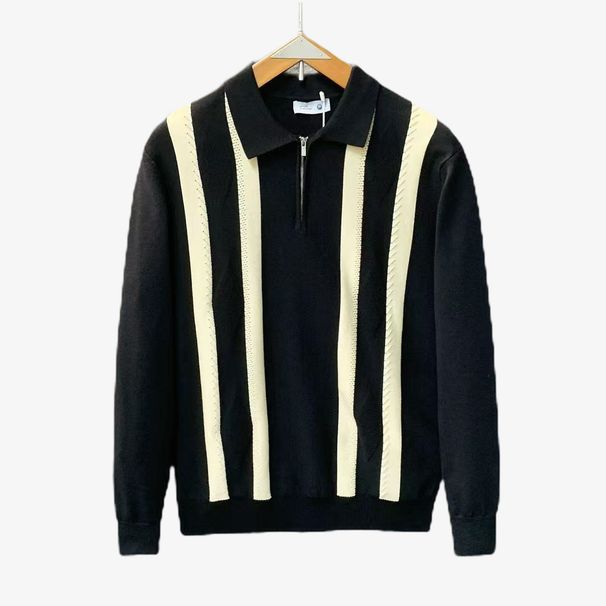 Men’S Oversized Polo Knit Sweater – Half-Zip Textured Pullover, Breathable & Stretch Polyester (Black/White/Green) – Comfort Fit_viptrois.com