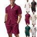 Men's Clothing New Summer Waffle Solid Color Pocket Shirt Short Sleeved Shorts Two Piece Suit_viptrois.com