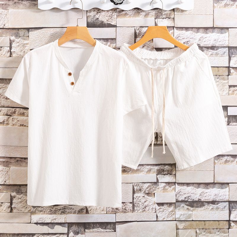 Men's Clothing Men's Short Sleeved Shorts Suit Summer Cotton And Linen Two Button Large Size Solid Color Men's T Shirt Two Piece Suit_viptrois.com