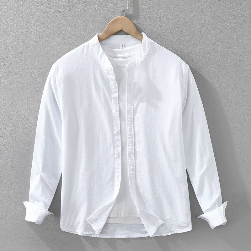 2026 Japanese-style Fresh Cotton-linen Long-sleeve Shirt Men, Versatile, Artistic, Casual, Loose-fitting, Stand-up_viptrois.com