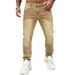 Men's Slim Straight Leg Retro Jeans With Leather Patch, Dark Coffee, Stretch Denim Comfort Fit Versatile Wardrobe Essential_viptrois.com