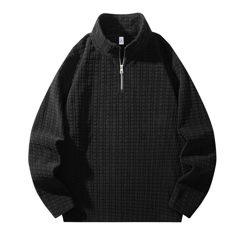 Men’s Retro Half-Zip Sweatshirt – Vintage-Inspired Jacquard Crewneck With Stand Collar (Black/Beige/Grey/Dark Green)_viptrois.com