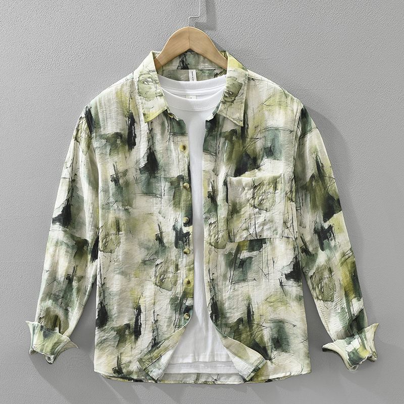 Trendy Printed Long Sleeved Shirt For Men, Fashionable And Versatile, Artistic And Casual Loose Top_viptrois.com