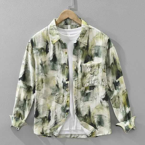 Trendy Printed Long Sleeved Shirt For Men, Fashionable And Versatile, Artistic And Casual Loose Top_viptrois.com