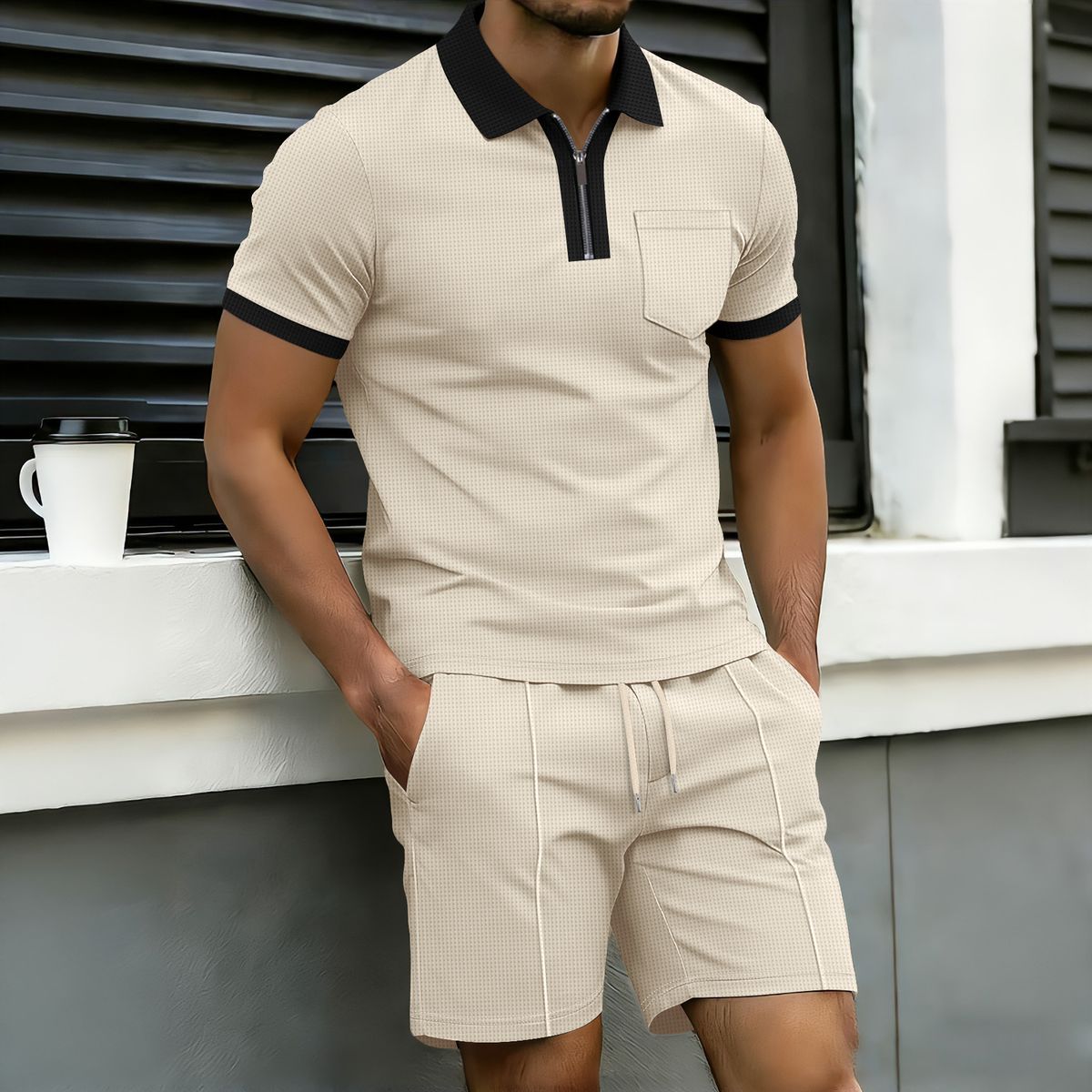 Men's Color Blocked Polo Shirt Turn Down Collar Half Zip Closure Casual Suit With Pockets New Summer_viptrois.com
