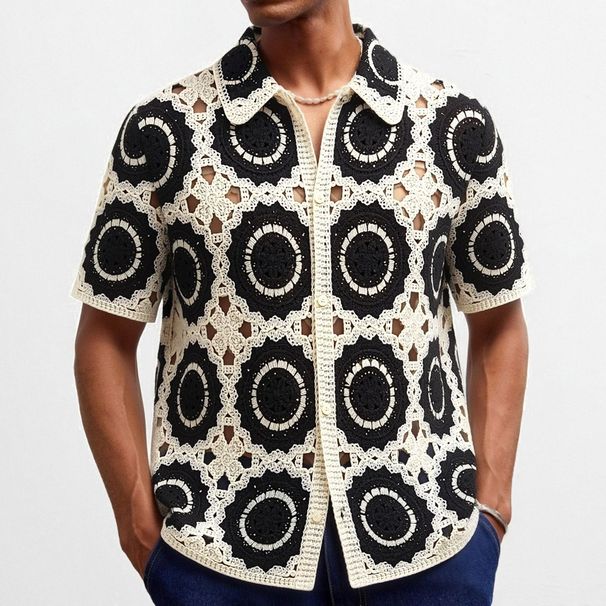 Foreign Trade Cross Border Men's Black And White Color Blocking Crochet Hollow Knit Sweater Summer Casual Cardigan Polo Shirt Men's SY0235_viptrois.com